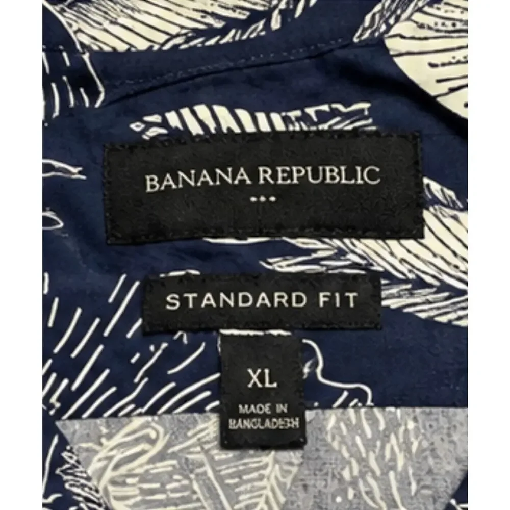 Banana Republic Hawaiian Shirt Men XL Navy Blue Tropical Floral Standard Fit